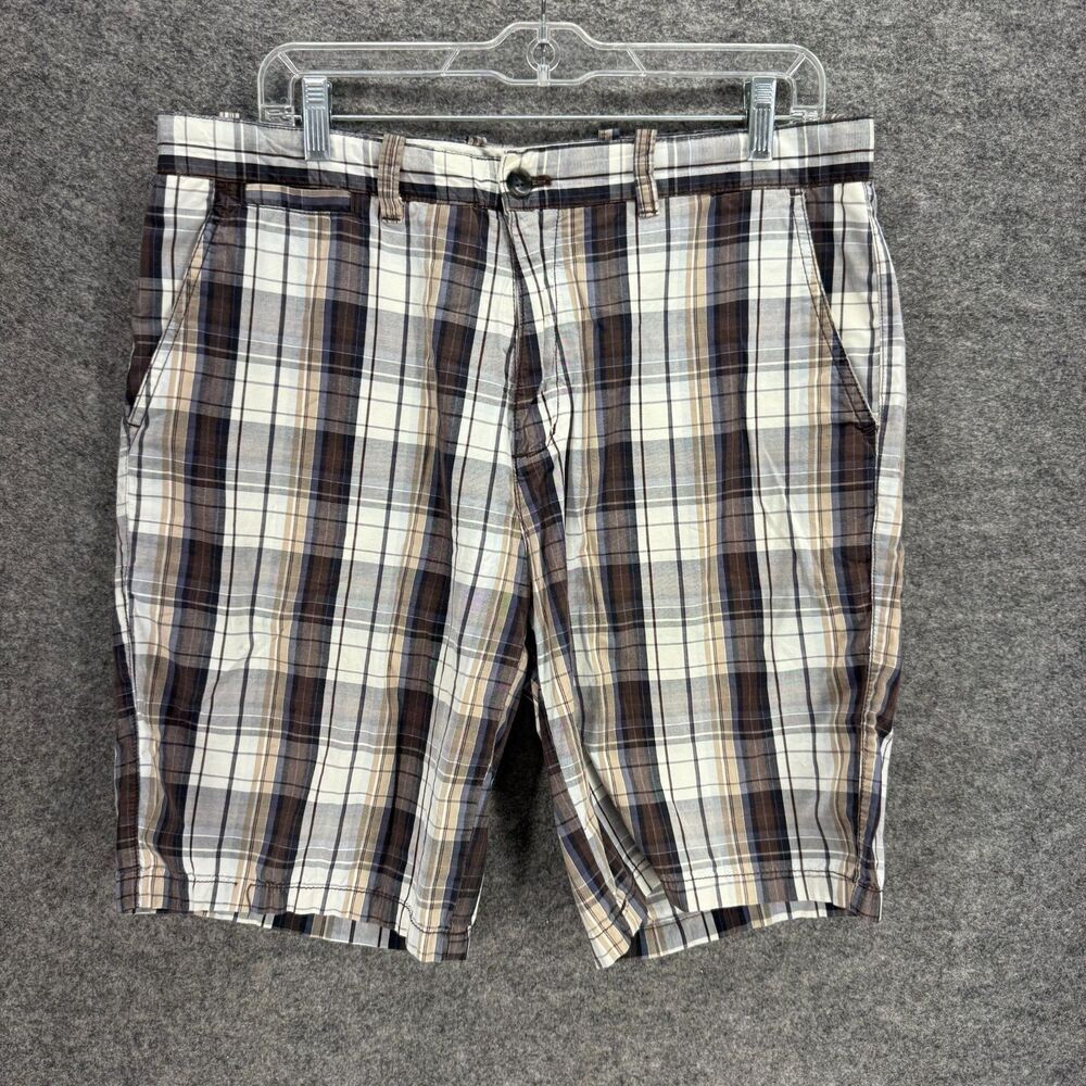 Weatherproof Shorts Men 34 Black Plaid Mid Rise Chino Pockets Cotton Regular
